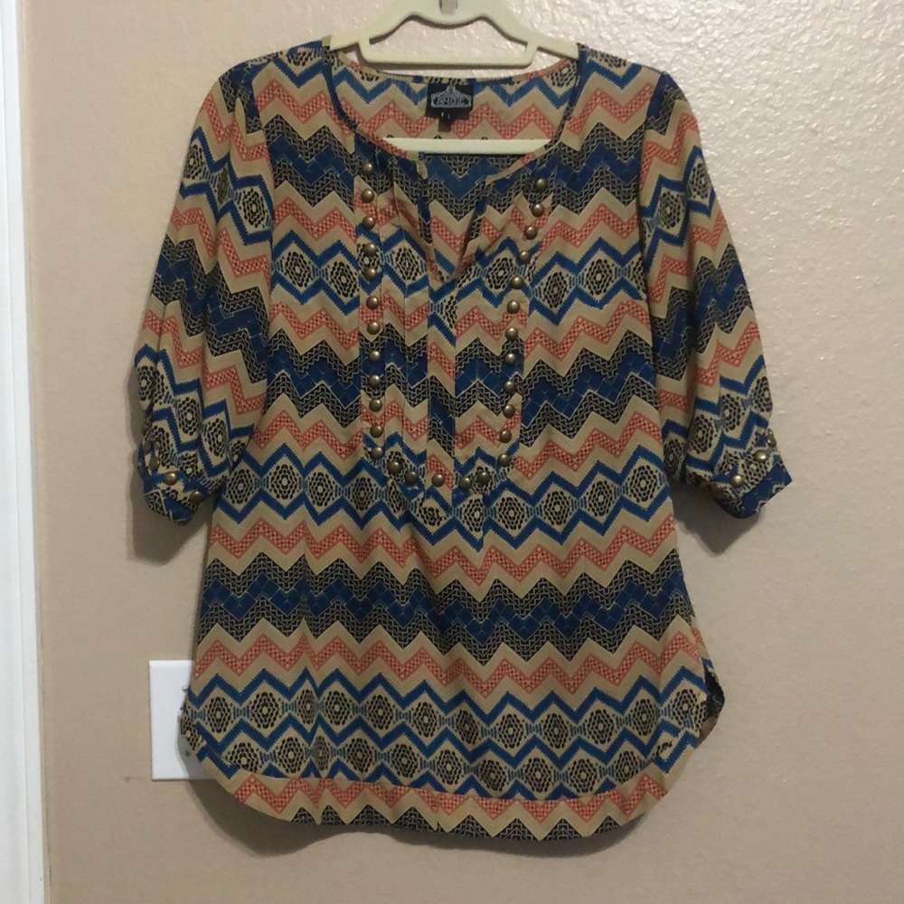 Elegant Brown Red and Blue Aztec print blouse